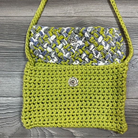 Handmade Crochet Shoulder Bag Green Gray Textured Knit‎ Y2K Artisan Purse - Picture 3 of 5
